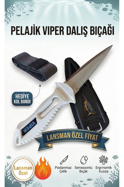 Viper Zıpkıncı Dalış Bıçağı Kol Bandı Hediyeli / Beyaz / Zıpkın Avı Scuba Dalgıç Bıçak