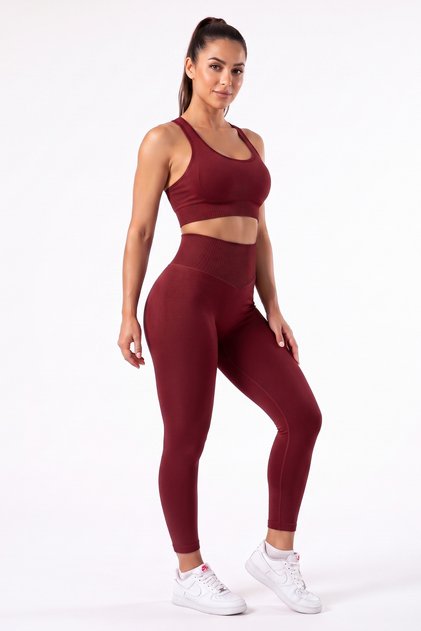 Women's Cherry Burgundy Color Seamless Sports Bustier and Push up Gathering Sports Leggings Set