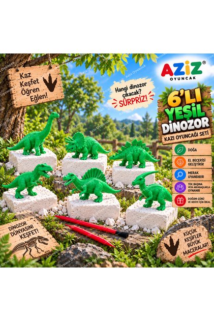 💚   6-Piece Green Dinosaur Excavation Kit |   Dinosaur Excavation Toy, Surprise Discovery and Archaeology Set