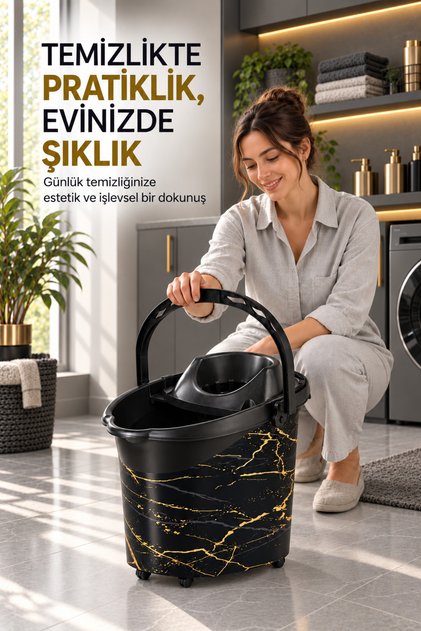 Tekerlekli Sıkma Aparatlı Desenli Temizlik Kovası, Süzekli Tekerlekli Plastik Gece Siyahı Gold Desenli Kova