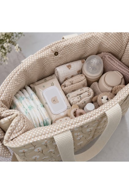 Cream Baby Care Bag, Lunchbag, Floral Patterned Women's Bag 100% Cotton