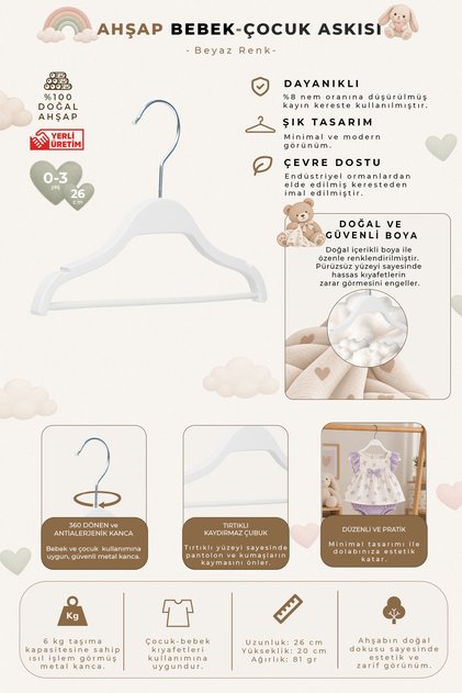 Wooden 8000 0-3 Years Old 26cm Baby-Child Hanger with Bar White Color 6 Pieces