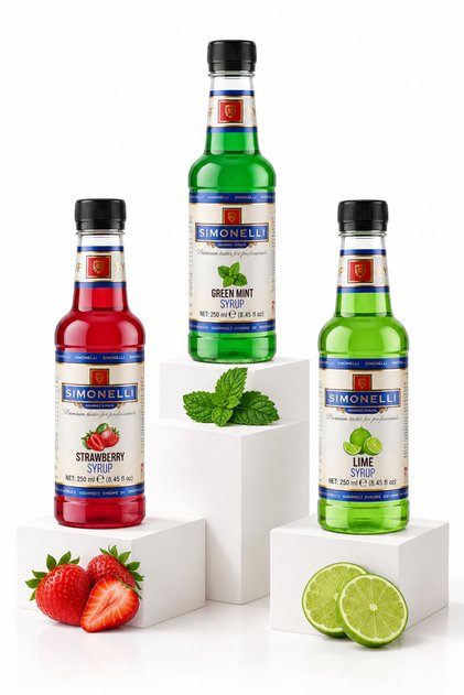 Çilek, Nane ve Lime Aromalı Kokteyl Şurubu 250 ml (25 cl) - Mojito, Mocktail ve İçecek Şurubu