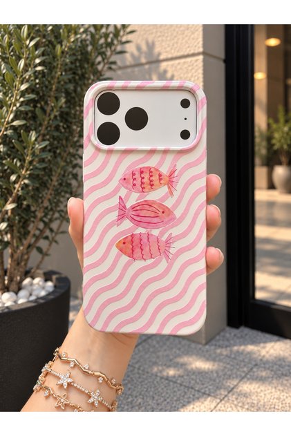 İphone 17 Pro Max Uyumlu Pembe Balık Desenli Kadife Soft Telefon Kılıfı