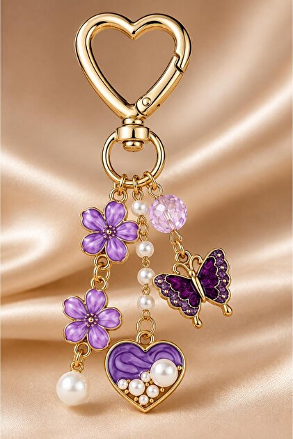 Women's Bag Accessory Purple Floral Butterfly Heart Figured Gold Keychain Bag Ornament