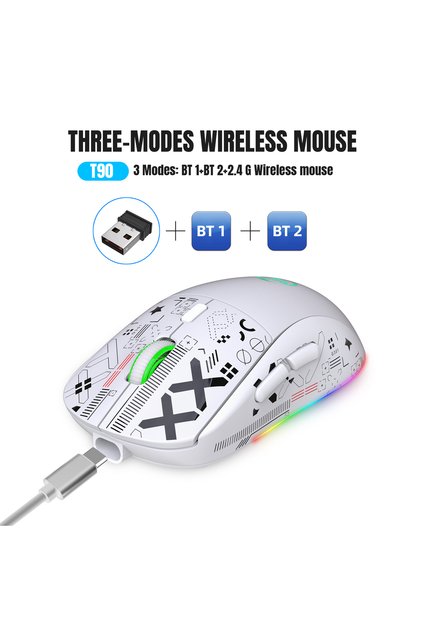 WHITE 3 Modes Bluetooth Gaming Mouse Rechargeable 2.4G USB Wireless RGB Backlight Mouse for iPad Tab