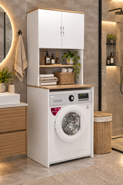 Çamaşır Makinesi Üstü Banyo Dolabı Rafı Beyaz