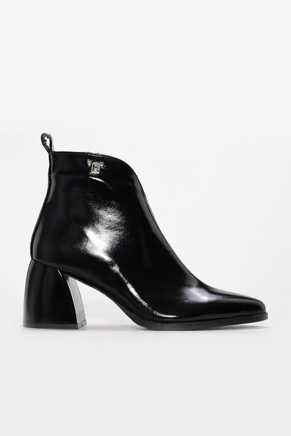 Genuine Leather Black Patent Leather Women's Thick Heeled Boots 064Sza805
