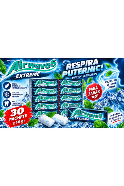 Airwaves Extreme - Guma de Mestecat Intens Mentolata, 30 pachete x 14g