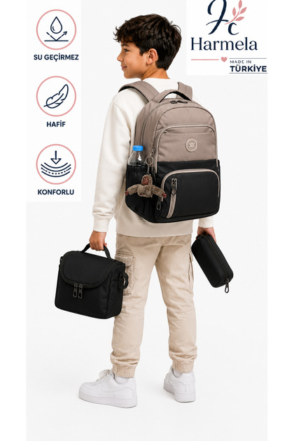First School Bag Set of 3 Unisex Water Resistant Children's Primary School Bag 8010 Mink-Black