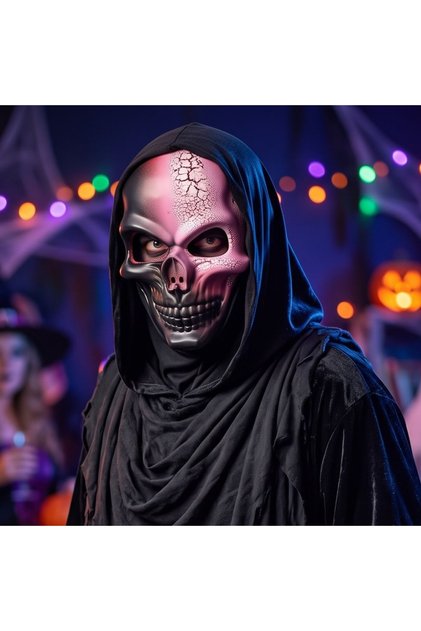 Mască de Halloween, Goodmark, model craniu, cu glugă neagră, efect metalic, mărime unică
