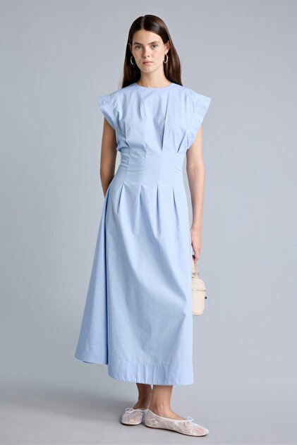 100% Cotton Crew Neck Poplin Short Sleeve Midi Dress I6411Ax26Au
