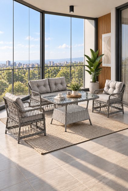 Breda Rattan Örgü Bahçe Balkon Takımı 2+1+1 Cam Masalı Gri