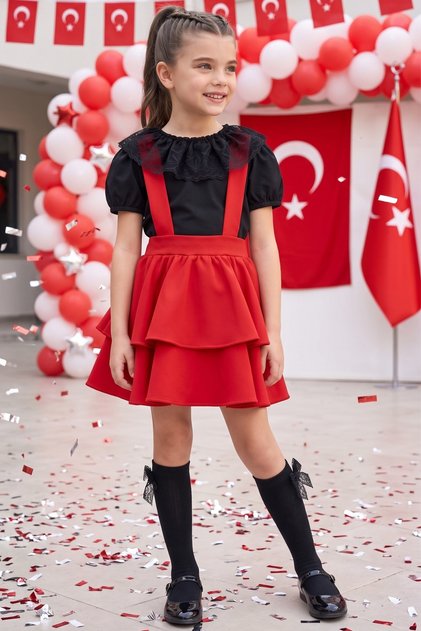 Girl's Helen Red Strap Dress with Lace Black Short Sleeve Blouse Set October 29 Show Outfit