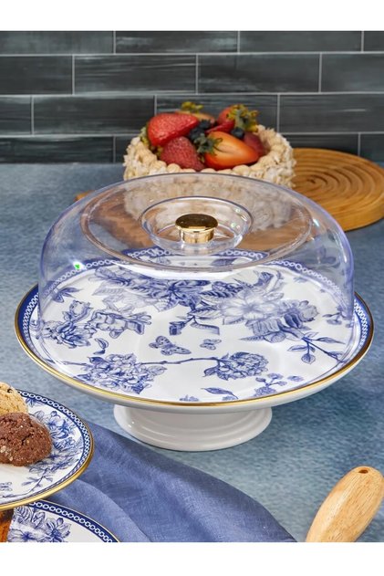 Blue Flower Patterned Ceramic Cake Jar - Cake Presentation Plate