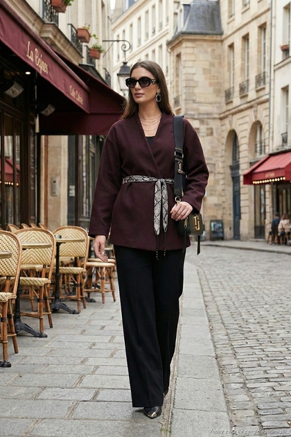 Regular Fit Double Breasted Collar Scarf Belted Blazer Jacket Women's Jacket 6927673