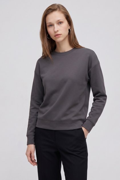 Women's Crew Neck Basic Low Sleeve Cotton Anthracite Sweatshirt
