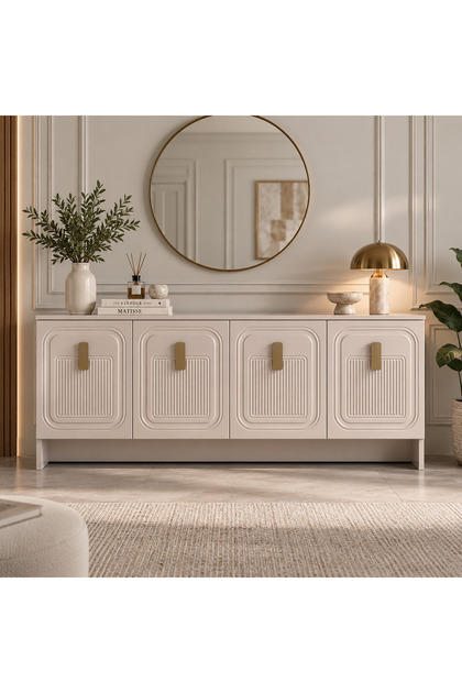 Favori 4 Kapaklı Konsol Membran MDF Konsol 180 cm Çok Amaçlı Salon ve Yemek Odası Dolabı