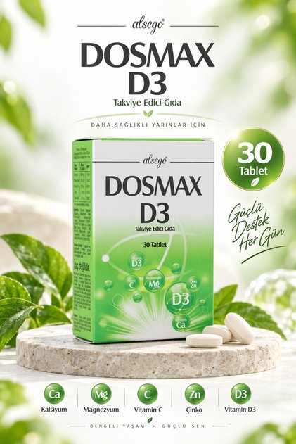 Alsego Kalsiyum Magnezyum C Vitamini Çinko ve D3 İçeren Takviye Edici Gıda 30 Tablet