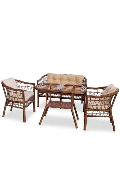 Mini Çay Seti 4 Kişilik AÇIK Örgü Rattan Balkon Takımı Masalı Bahçe Teras Veranda Oturma Grubu