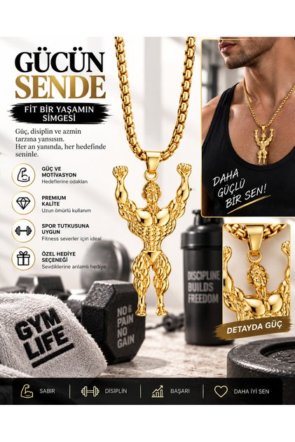 Bodybuilder Fitness Necklace – Gold Color Chain Necklace with Muscle Sportsman Figure