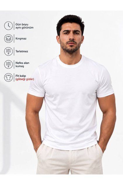 Erkek Beyaz Premium Modal Kumaş Bisiklet Yaka Comfort Fit Düz T-Shirt