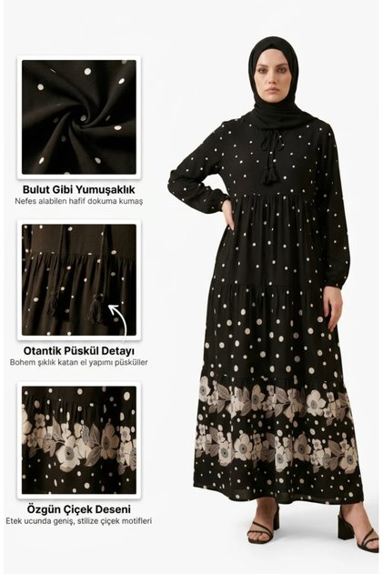 Viscose Fabric Polka Dot Layered Dress 5587-03 Black