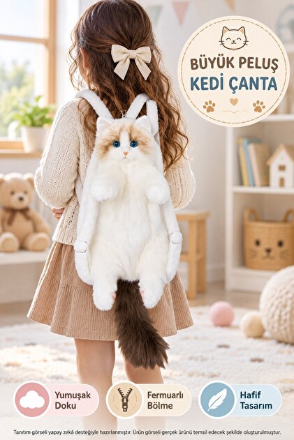 TOYFEST Kedi Sırt Çantası Büyük Peluş Beyaz Kahverengi Fermuarlı