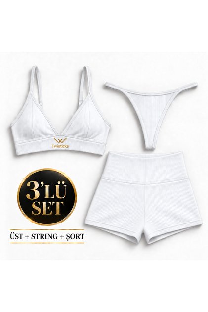 Kadın Rahat Günlük Kullanım Pamuklu Beyaz Kaşkorse 3’lü Set Bralet Üst String Külot ve Şort Takım