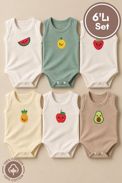 Unisex 100% Organic Cotton Cute Fruit Printed 0-12 Months Set of 6 Sleeveless Baby Bodysuits