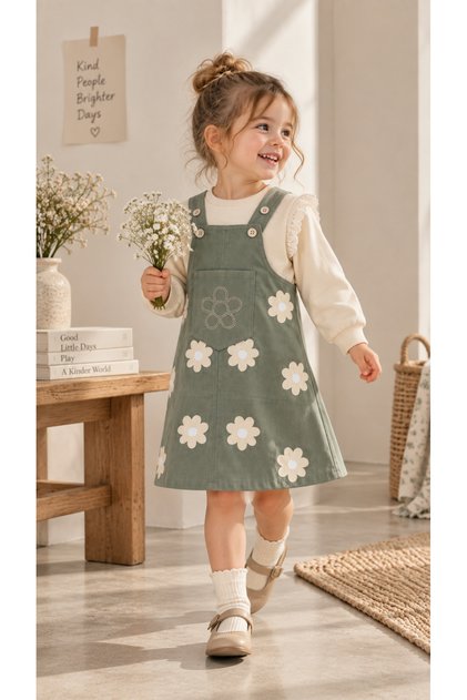 Girls Floral Print Gilet Dress Set – Lace Sleeve Sweatshirt and Suspender Dress