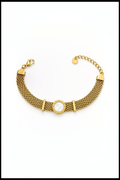 White Pearlescent Roman Numeral Mesh 316L Steel Bracelet - Tarnish-Free Gold Mesh Bracelet 24 cm