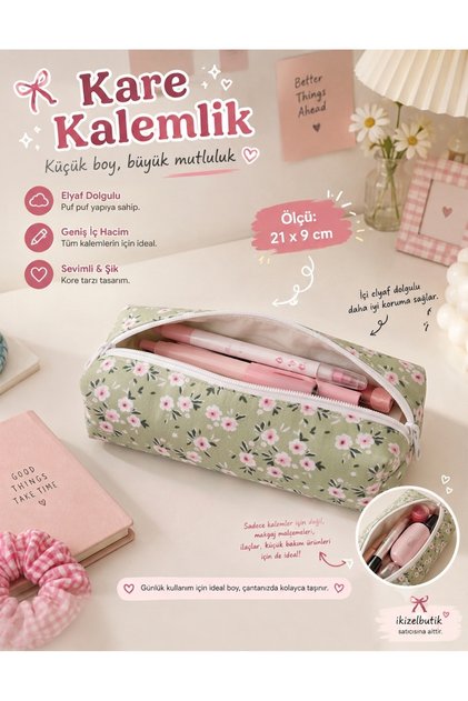 Puff Green Floral Pencil Case – Zippered Lined School & Office Pen Holder Gift