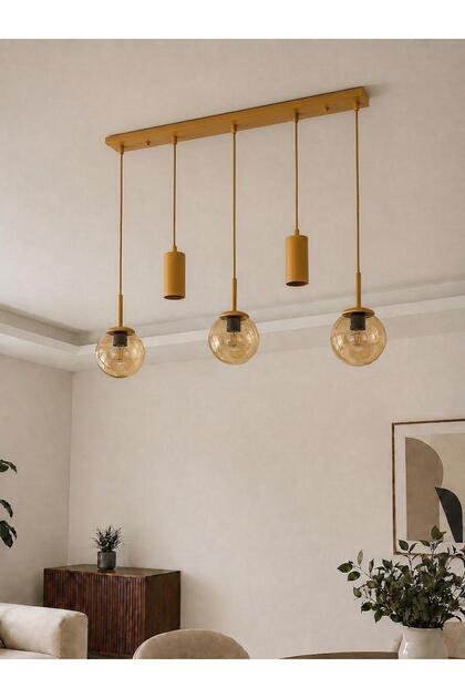 NARA Eskitme Metal Gövdeli 5'li Modern Sıralı Sarkıt Avize- 2 Spot Led 3 Bal Cam Küre Avize