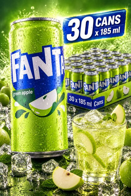 Bautura racoritoare carbogazoasa, 30x185ml, Green Apple, aroma de mar verde
