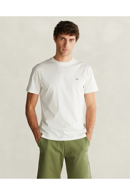 Erkek Beyaz Bisiklet Yaka Regular Fit Logolu T-Shirt