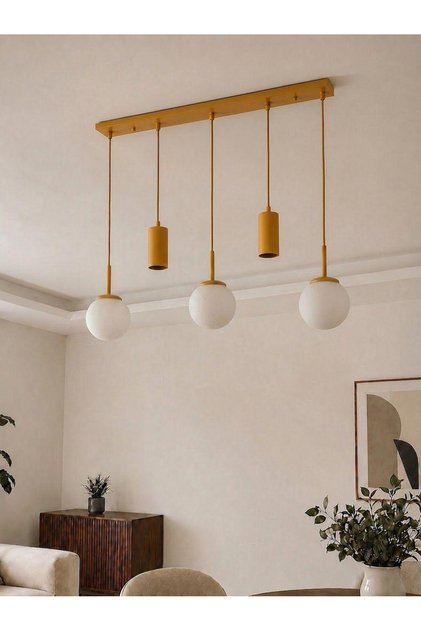 NARA Eskitme Metal Gövdeli 5'li Modern Sıralı Sarkıt Avize- 2 Spot Led 3 Beyaz Cam Küre Avize