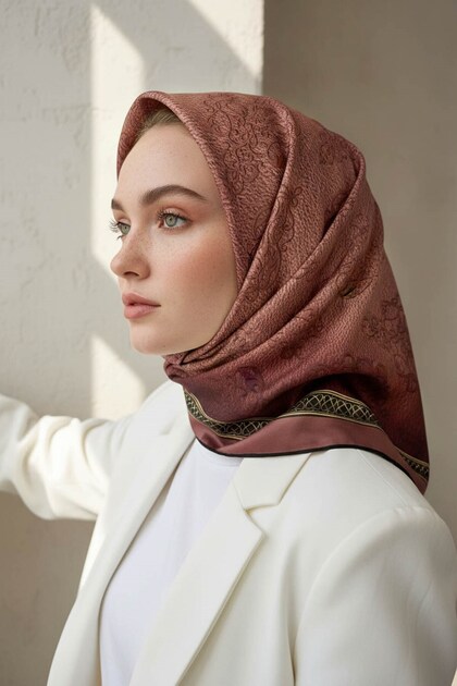 Twill Eşarp 90x90 Bakır Kare Desenli İpek İçermez El Dikişli Kadın Eşarp