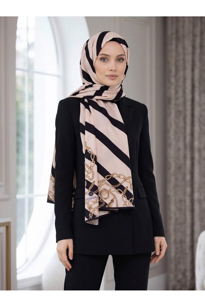 KREP ÇİZGİLİ VE ZİNCİR DESENLİ KREM - SİYAH RENKLİ 75X195 KIRIŞMAZ ŞAL