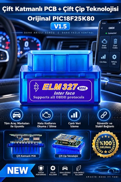 ELM327 Pro v1.5 Akıllı Araç Tanı Cihazı - PIC18F25K80 Çift Çip - iOS, Android, Windows Uyumlu OBD2