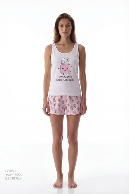 Pembe Milkshake İçecek Desenli Şort Pijama Takımı