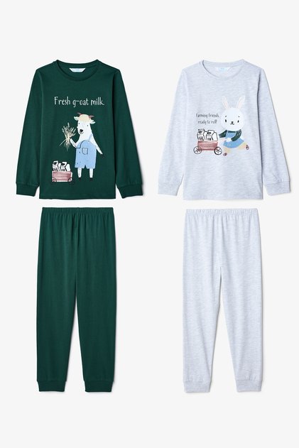 Ecru Boys' Rabbit Patterned Long Sleeve Cotton 2-Piece Pajama Set