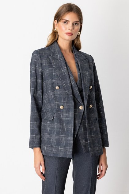 Kadın Blazer Ceket Çentikli Yaka Kruvaze Dokuma Ekose Desenli 26KEKL05173