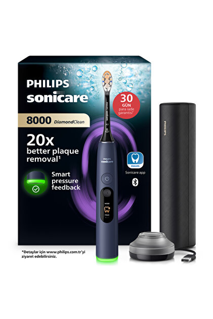 Sonicare Yeni Nesil Diamond Clean 8000 Serisi şarjlı diş fırçası, 20 kat plak temizliği, ışıklı basınç sensörü, 15 fırçalama ayarı, 14 gün şarj süresi, Koyu Mavi, HX8311/13