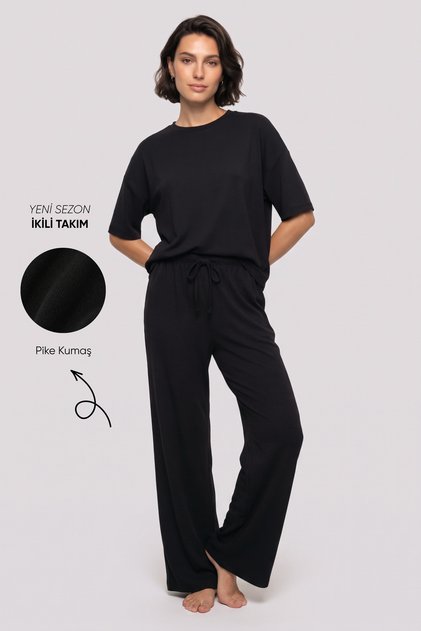 Women's black pique fabric two-piece set