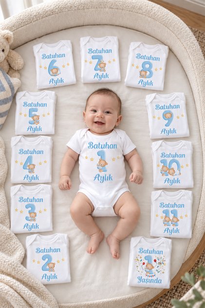 İsme Özel Kişiselleştirilebilir 12'li Aylık Bebek Body Seti Zıbın Badi Yeni Doğan Hediye Ay002