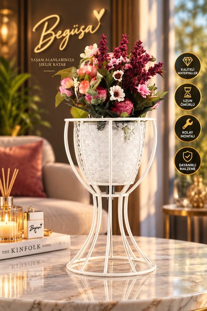 Anafor Saksılık Beyaz 25 Cm Şeffaf Saksı Hediyeli, Metal Saksılık, Dekoratif Saksı Standı, Saksı Hediyeli Çiçeklik, Ev ve Balkon Dekorasyonu