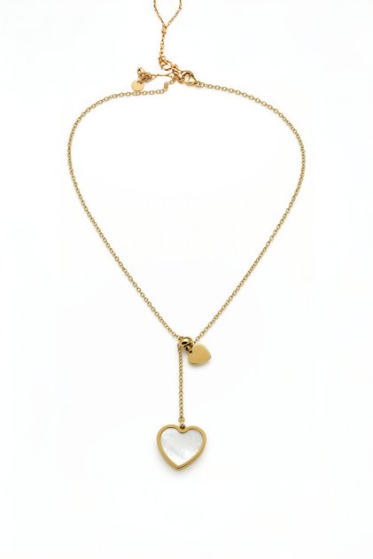 Gold Color White Stone Heart Necklace 316L Stainless Steel Anti-Allergic 57 cm