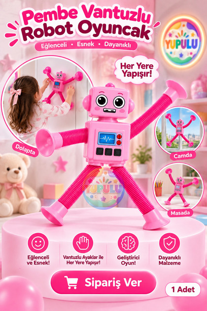 Vantuzlu Robot Oyuncak Eğitici Teloskobik Pembe Renk - 1 Adet Uzayan Vantuzlu Yapışan Vakumlu