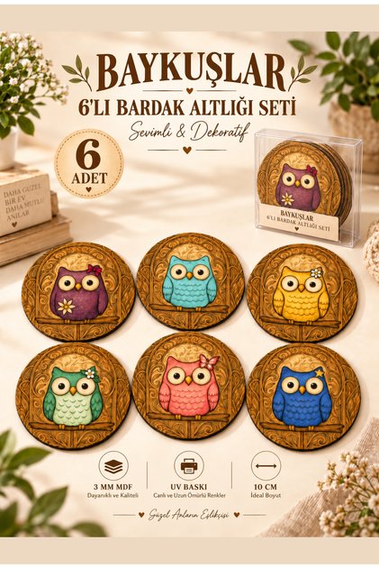 Cute Owls Set of 6 Wooden Mdf Coasters – 10 Cm, Owl Series